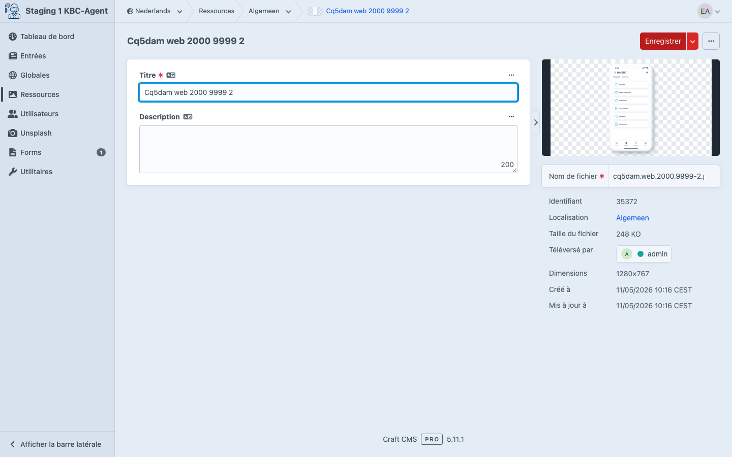 Détail d'une ressource avec dimensions et taille du fichier