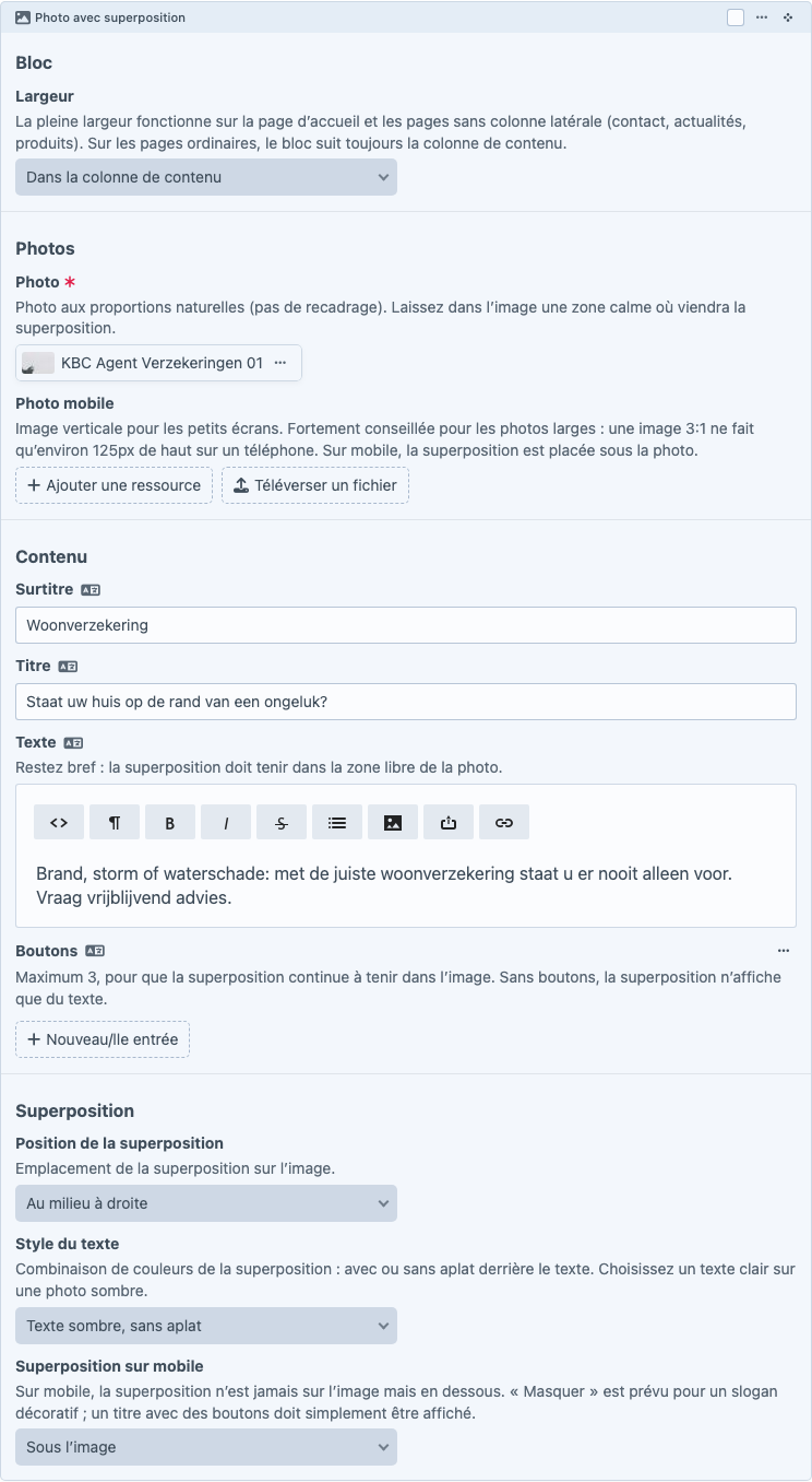 Bloc Photo avec superposition dans le Content Builder