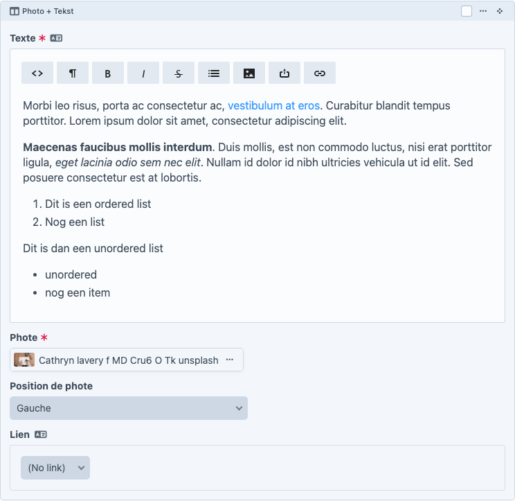 Bloc Photo + texte dans le Content Builder