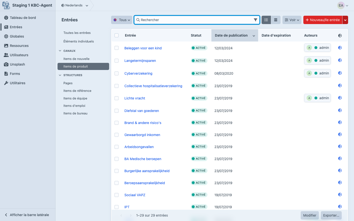 Section Produits dans le CMS