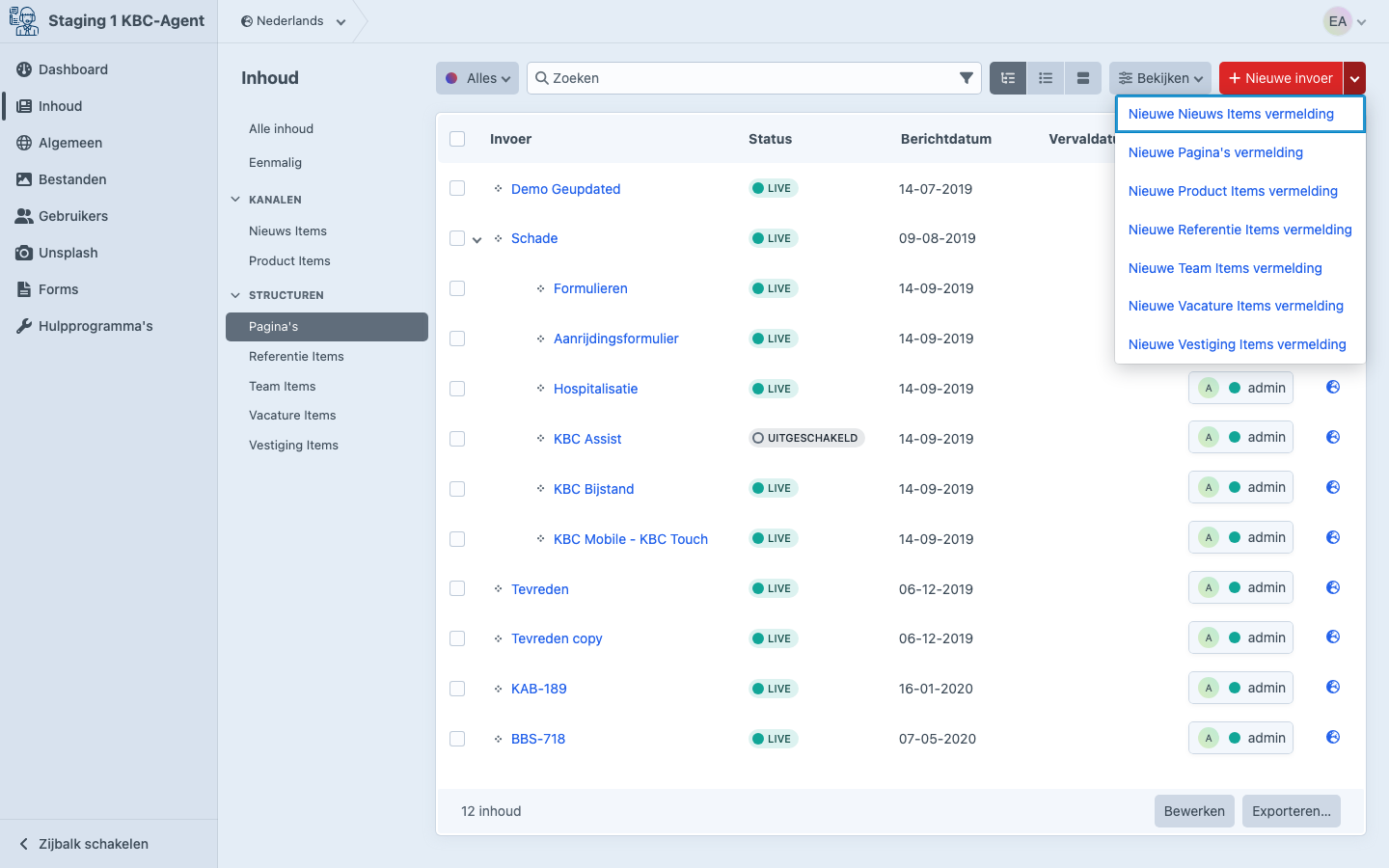 Dropdown achter Nieuwe invoer