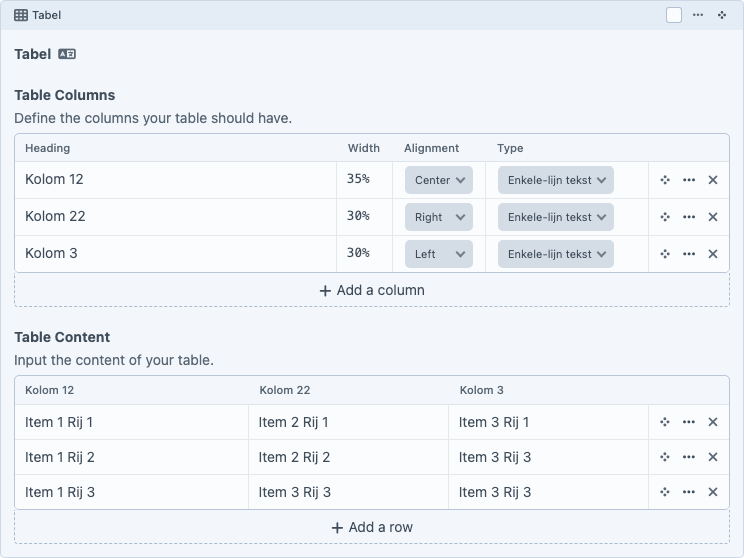 Tabel-blok in de Content Builder