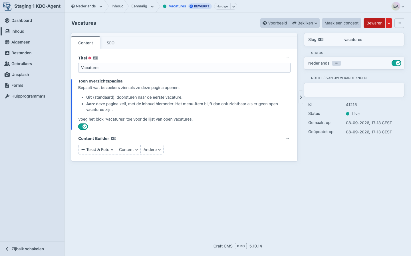 Vacatures-overzichtspagina met de schakelaar aan